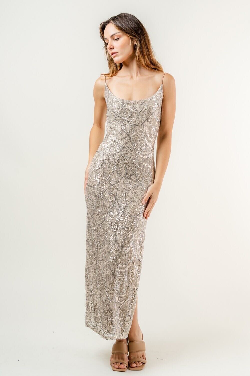 Intricate Sequin Maxi Dress with Side Slit