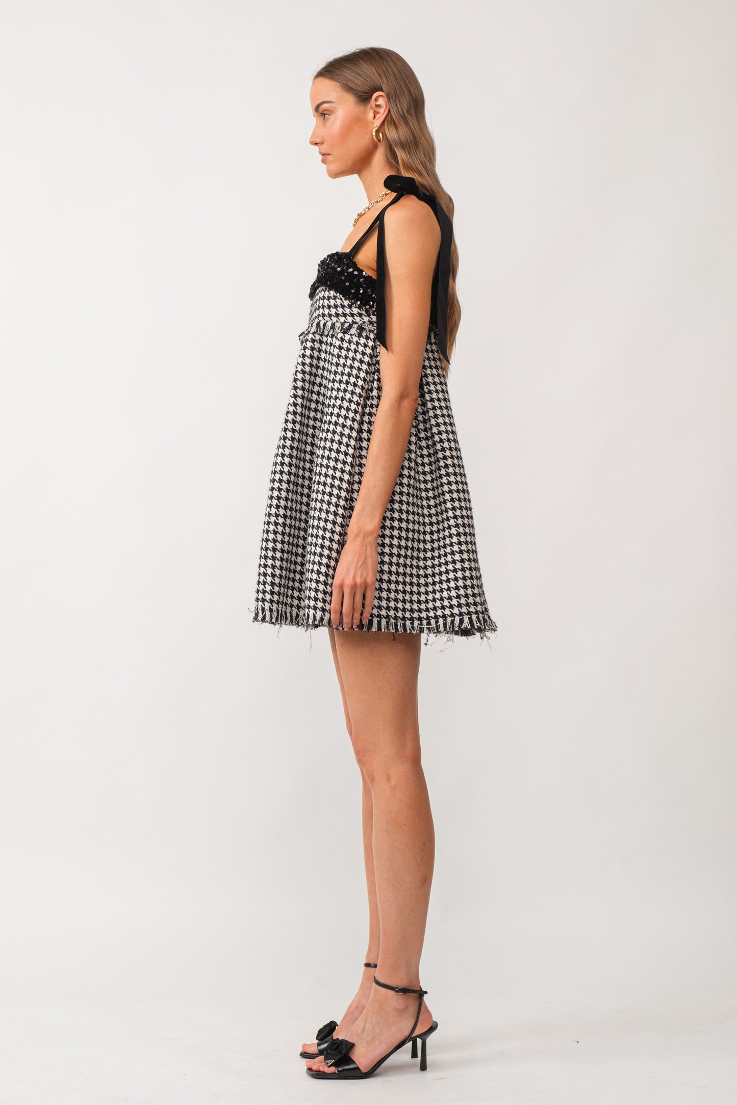 Houndstooth Printed Tweed Mini Dress with Sequin Detail