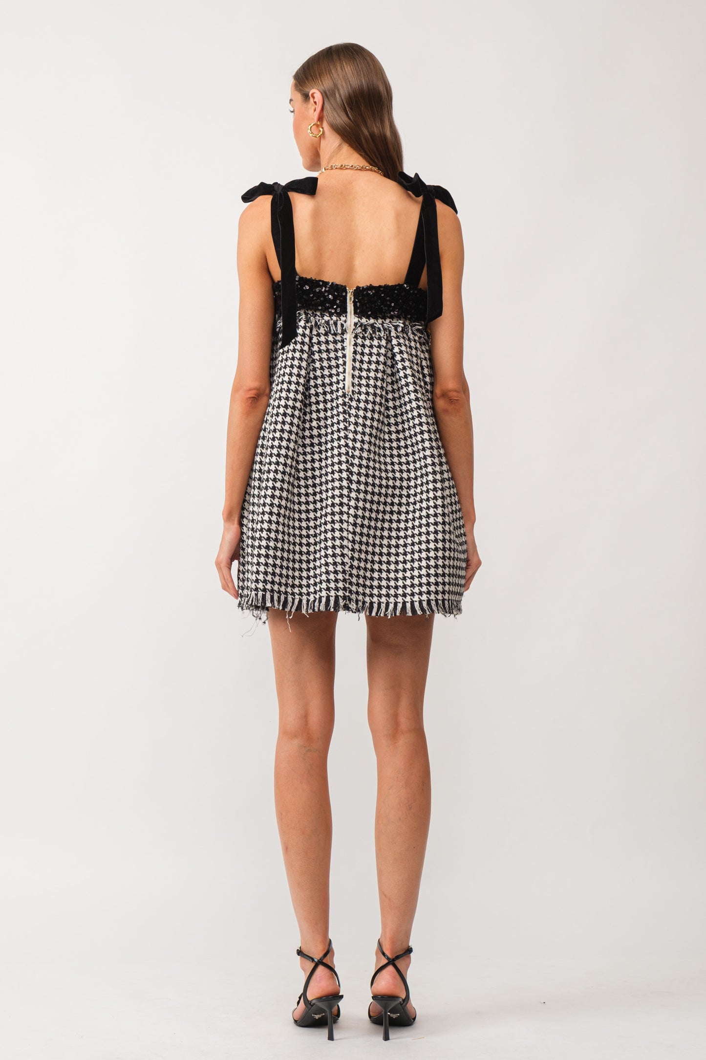 Houndstooth Printed Tweed Mini Dress with Sequin Detail