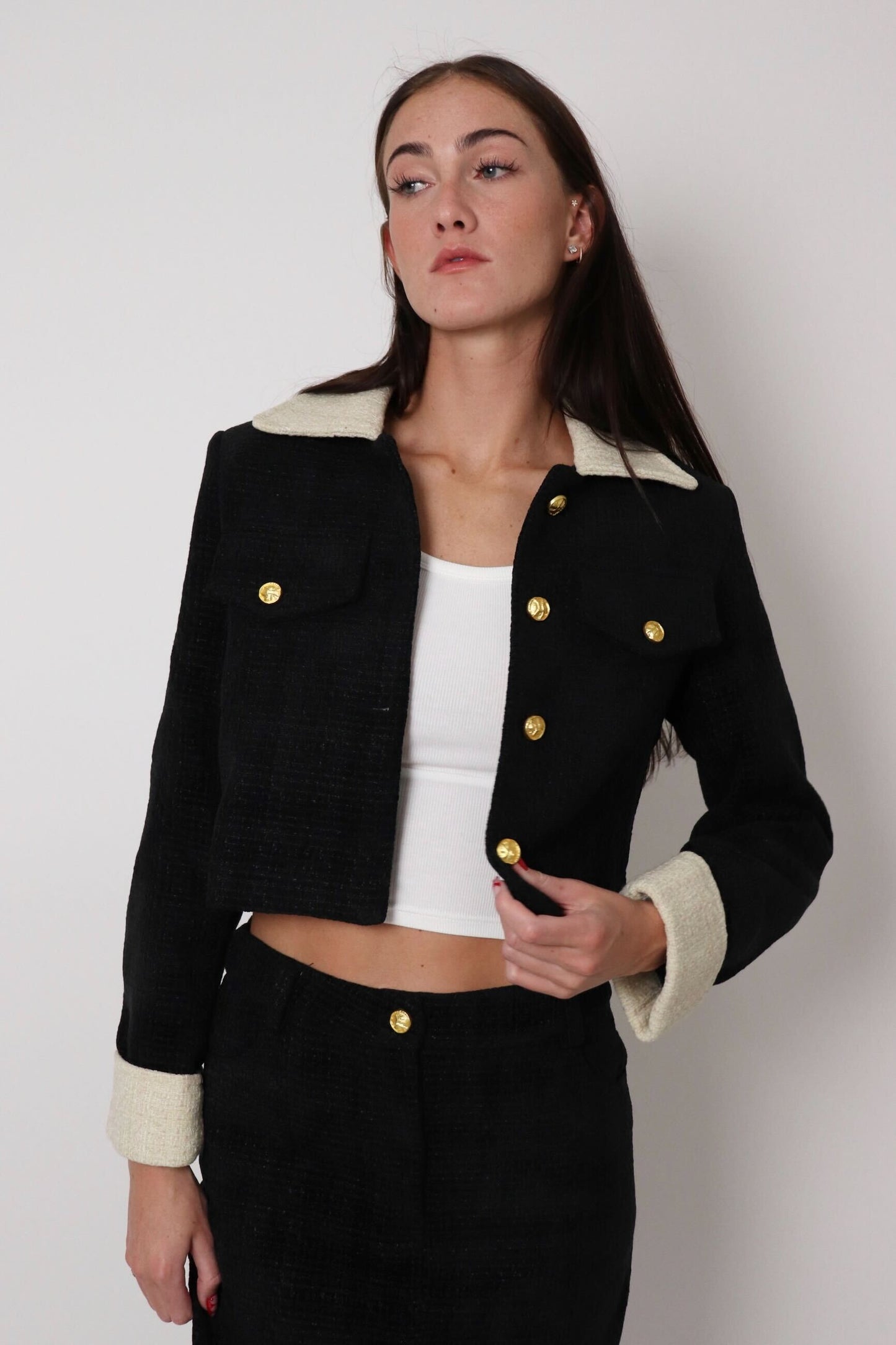 Textured Brass Button Cropped Jacket